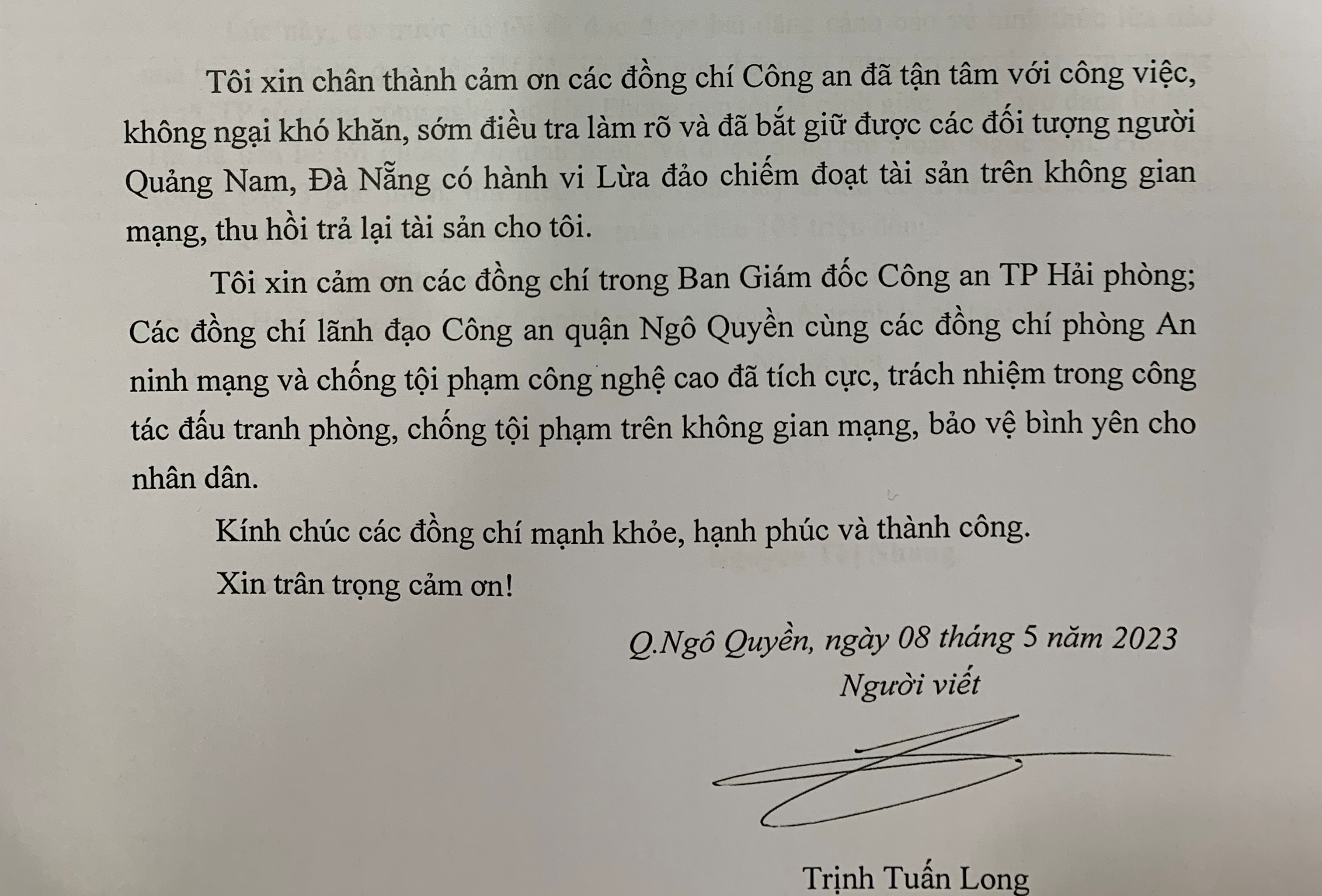 Thư cảm ơn Phòng An ninh mạng & Phòng, chống tội phạm sử dụng công nghệ cao của người dân